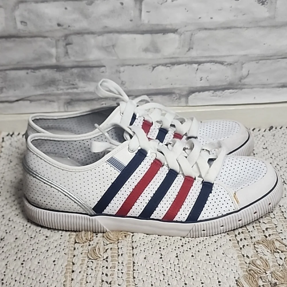 K Swiss Classic Red Blue Stripe White Sneakers Tennis Shoes - Picture 13 of 13